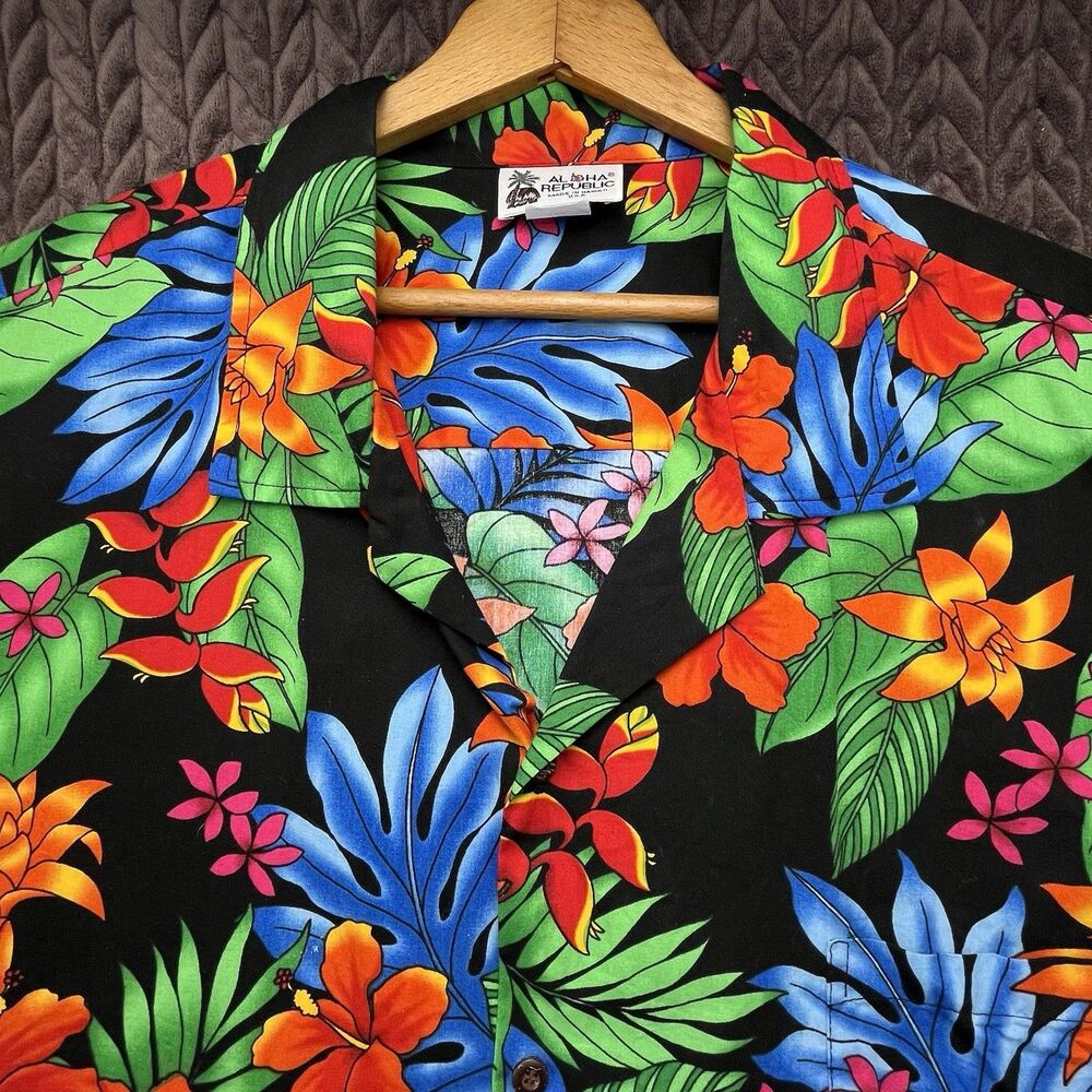 Vintage Aloha Republic Hawaiian Shirt Men 3XL Black Hibiscus Floral Magnum PI